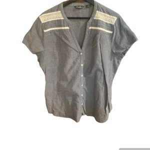 Eddie Bauer Button Up Down Short Sleeve Blouse Top Basic Cotton Gorpcore Lace